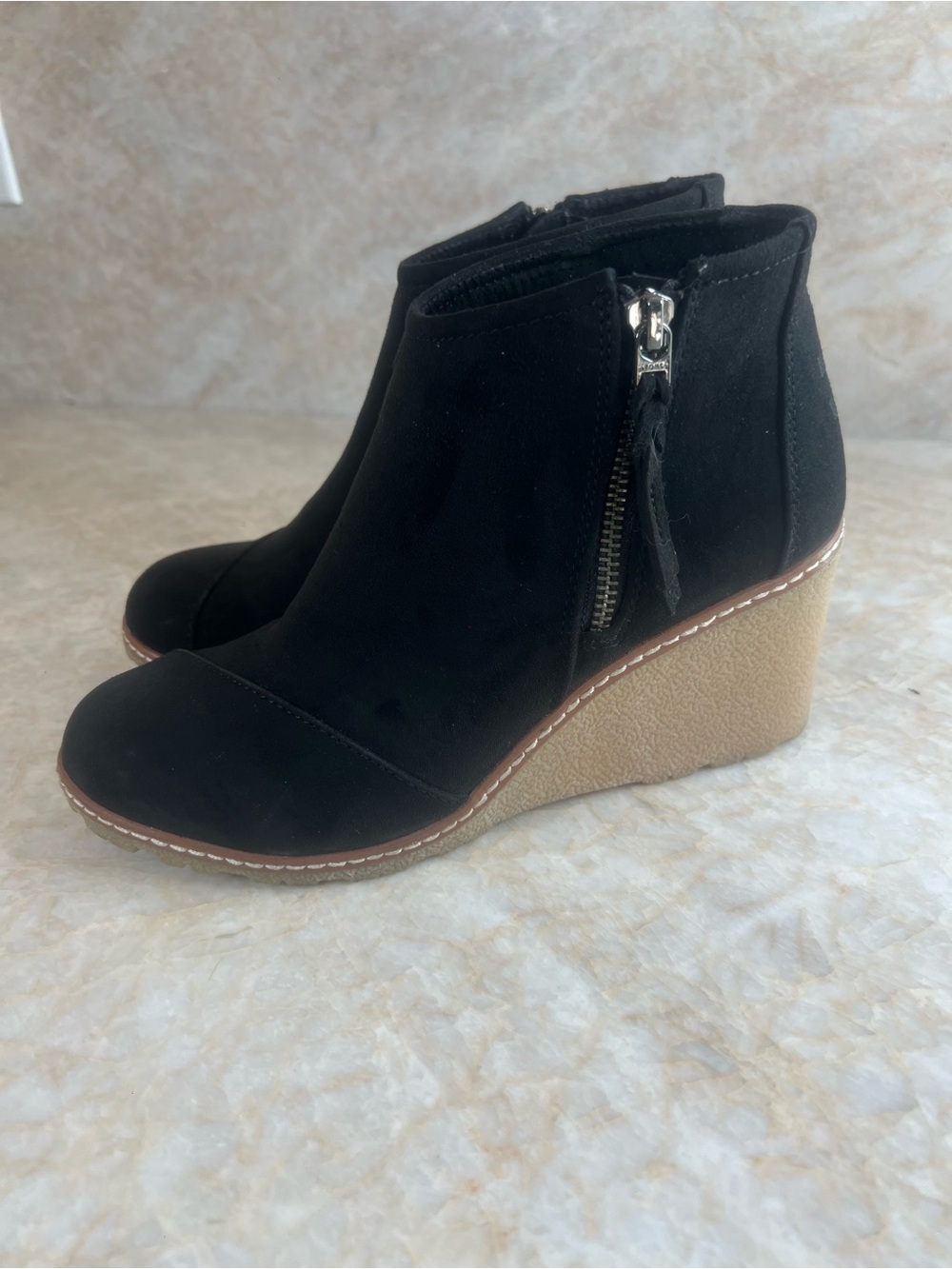 Toms Black Suede Wedge Ankle Booties with Tan Wedge Size W8
